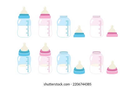 Vector set of blue and pink baby bottle and nipple clipart. Baby bottles for boys and girls flat vector illustration. Feeding bottle and nipples cartoon style. Kids, newborn and nursery decoration