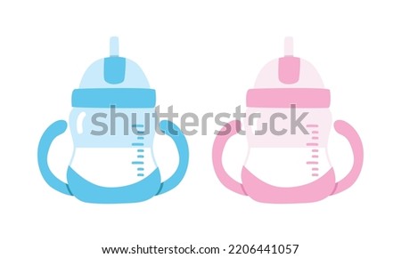 Vector set of blue and pink baby sip cup clipart. Simple cute baby water bottle for children drinking flat vector illustration. Baby sip cup cartoon style. Toddler feeding bottle for baby boy and girl
