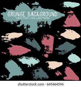 Vector set of blue and pink brush strokes or backgrounds isolated on black. Artistic collection for banners, hipster posters.Hand painted brush strokes set. Textured design elements