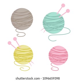 Vector set of blue, pink, yellow yarn balls for knitting with needles. Cute Vector card for knitting. Design elements for handmade. The symbol of knitting and needlework. Yarn ball and needles icon