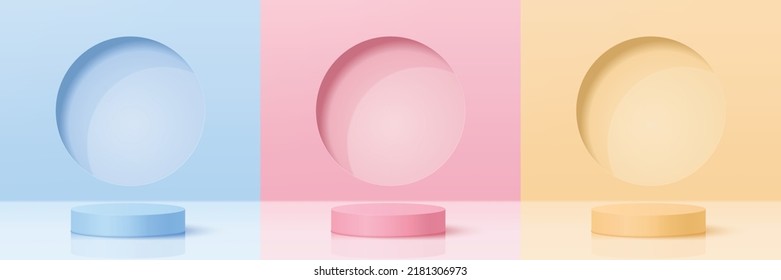 Vector set of blue, pink, and yellow 3d podium, pedestal, platform with round template background for product display, presentation, advertising.