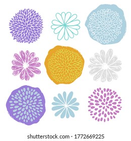 Vector set of blue, purple, orange white stylized doodle flowers