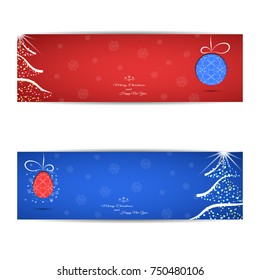 Vector set of blue and red Christmas and New Year greeting cards with Christmas tree and balls with abstract pattern cut from paper on the gradient background with snowflakes.