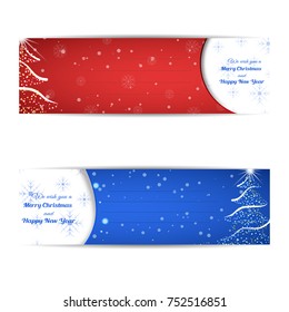 Vector set of blue and red Christmas and New Year greeting cards with Christmas tree and white cutout with text on the gradient background with snowflakes.