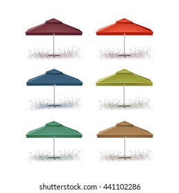 Vector Set of Blue Red Green Brown Blank Outdoor Market Beach Cafe Bar Pub Restaurant Square Umbrella Parasol for Branding Side Front View Mock up Close up Isolated on White Background