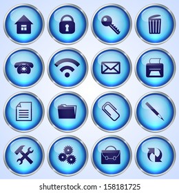 Vector Set of Blue Round Glass Buttons with Office Theme on White Background