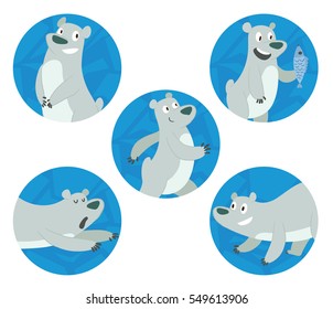 Vector set of blue round ice frames with cute polar bears: standing and smiling, with a blue fish in his paw, walking somewhere, standing on four paws and lying on his belly on a white background.