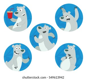 Vector set of blue round ice frames with cute polar bears: with a red glass of drink in his paw, frightening someone, running somewhere, showing his thumb and wondering something on a white background