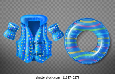 Vector set with blue rubber ring, life jacket and inflatable armbands for kids isolated on transparent background. Swim aids to help children float in water, equipment for swimming in pool and sea
