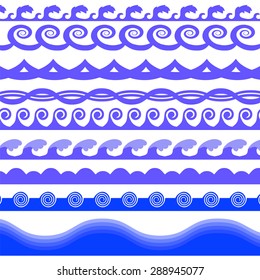 Vector Set of  Blue Sea Waves Isolated on White Background