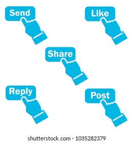 Vector set of blue send, like, post, share and reply signs. like. send. post. reply. share. social media icons. social media buttons