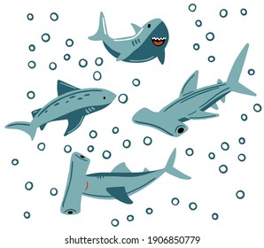 Vector set of blue sharks. Hammerhead shark. Marine life. The style of the cartoon.