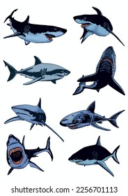 Vector set of blue sharks on white isolated, color illustration,underwater marine life