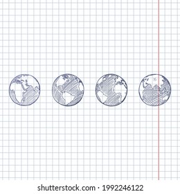 Vector Set of Blue Sketch Globe Illustrations. 4 different Foreshortening of Earth Planet.