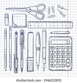 Vector Set of Blue Sketch Stationery Items