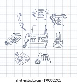 Vector Set of Blue Sketch Telephones and Handsets. Collection of Phones.