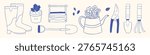 Vector set of blue spring gardening element in hand drawn outline sketch monochrome style. Rubber boot, cute plant pot, wooden box, shovel, flower jug, pruner, tool for small farm, modern agriculture.