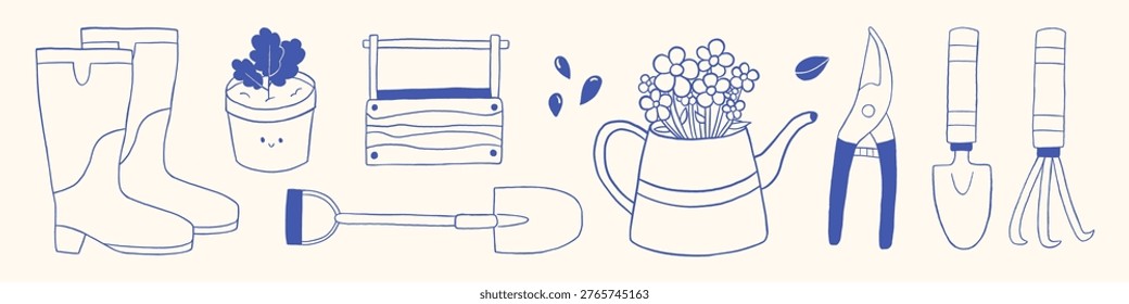 Vector set of blue spring gardening element in hand drawn outline sketch monochrome style. Rubber boot, cute plant pot, wooden box, shovel, flower jug, pruner, tool for small farm, modern agriculture.