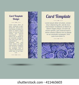 Vector set of blue summer sea boho paisley card template designs, perfect for brochure covers, leaflets, flyers, cards and invitations. Doodle design.