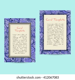 Vector set of blue summer sea boho paisley card template designs, perfect for brochure covers, leaflets, flyers, cards and invitations. Doodle design.