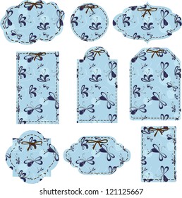 vector set of blue tags with abstract floral pattern