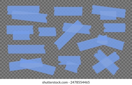 Vector set of blue transparent adhesive tape. Duct tape strip. Torn pieces of masking tape isolated on transparent background. 