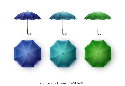 Vector Set of Blue Turquoise Green Blank Classic Opened Round Rain Umbrella Parasol Sunshade Top Front Side View Mock up Close up Isolated on White Background