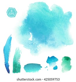 Vector. Set of blue and turquoise watercolor blots isolated on white background. Watercolor blots for your design, logo, emblem, banner. Set of beautiful vector watercolor blots.