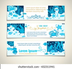 Vector set of blue underwater life horizontal banners. Various fish, starfish, crab, shell, jellyfish, algae, bottle with a letter and key on the bottom. There is place for your text on white paper.