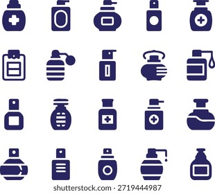 Conjunto de Vectores de iconos de botellas de agua azules y signos de Web de negocios con símbolos de tecnología de comunicación e ilustración de red de computadora de oficina para diseño de Sitios web