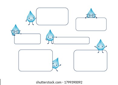 Vector set of blue water drop characters holding up a sign board, sitting on the board  and standing behind the board. Save the water theme. Save the planet theme. Good for poster, card, etc.