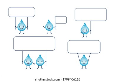 Vector set of blue water drop characters holding up a sign board, sitting on the board  and standing behind the board. Save the water theme. Save the planet theme. Good for poster, card, etc.