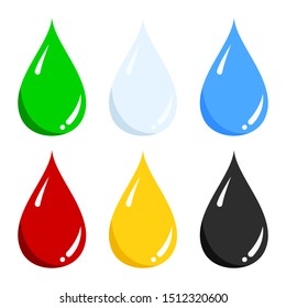 Vector set of blue water, green, light blue milk, red blood, yellow honey, black oil liquid drop icon isolated on white background. Flat style. Elegant single nature element for logo, web, app design.