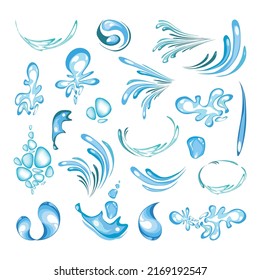 Vector set of blue water splashes, drops, smudges, liquids. Isolated objects on a white background.