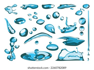 Vector set of blue water splashes, drops, smudges, liquids. Isolated objects on a white background.