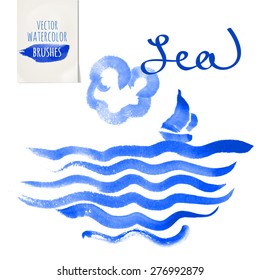 Vector set blue watercolor brush. Paper sticker
