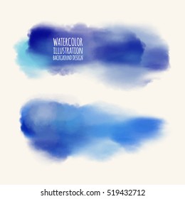 Vector set of blue watercolor brush strokes. Grunge isolated elements. Smoke brushes for your design. Freehand. Ink splash. Acrylic stamp. Vector illustration