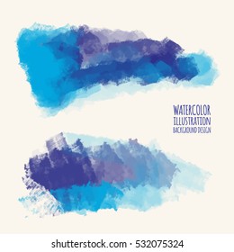 Vector set of blue watercolor brush strokes. Grunge isolated elements. Smoke brushes for your design. Freehand. Ink splash. Acrylic stamp. Vector illustration.