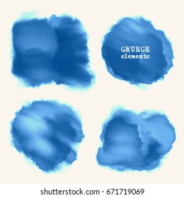 Vector set of blue watercolor brush strokes. Grunge isolated elements. Smoke brushes for your design. Freehand. Ink splash. Acrylic stamp. Vector illustration