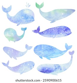 Vector set of blue watercolor silhouette of whales isolated from background. Collection of paint fishes in childish style for stickers and postcards