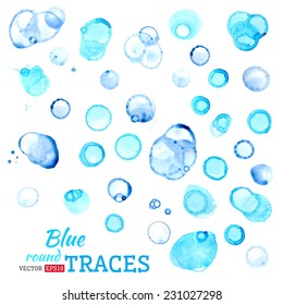 Vector set of blue watercolor traces. Various watercolor round stains isolated on white background. 