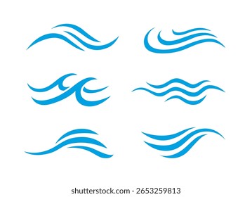 Conjunto vetorial de ícones de onda azul isolados no fundo branco - piscina, praia, esportes aquáticos símbolo
