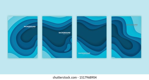 Vector set blue wave paper cut abstract background.