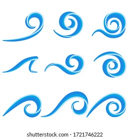 Vector set of blue waves with optical volume effect isolated on white background. Decorative simple design elements in a marine style for posters, invitations, card, logo, banner, flyer, advertisement