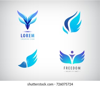 Vector set of blue wings logos. Freedom icon concept