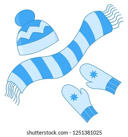 Vector set of blue winter hats, scarf and mittens, isolate on white background