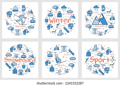 Vector set of blue winter sport or enteirtaiment banners. Outline icons of hockey, snowboarding, figure skating, sledging and skiing. Naure and mointains