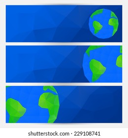 Vector set of blue world globe banners, 3d polygonal maps of the earth