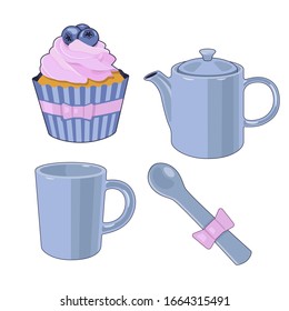 Vektorillustration mit Blaubeerkuchen und blauer Teekanne 