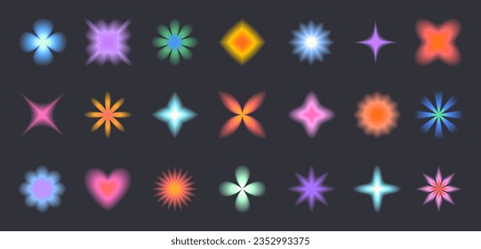 Vector set of  blurred gradient shapes in 90s style.Abstract blurry icons or symbols in y2k aesthetic.Aura design elements for banners,social media marketing,branding,packaging,covers